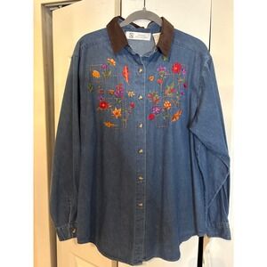 Studio Collection NWT Vintage 90s Fall Embroidered Denim Shirt with Corduroy Col